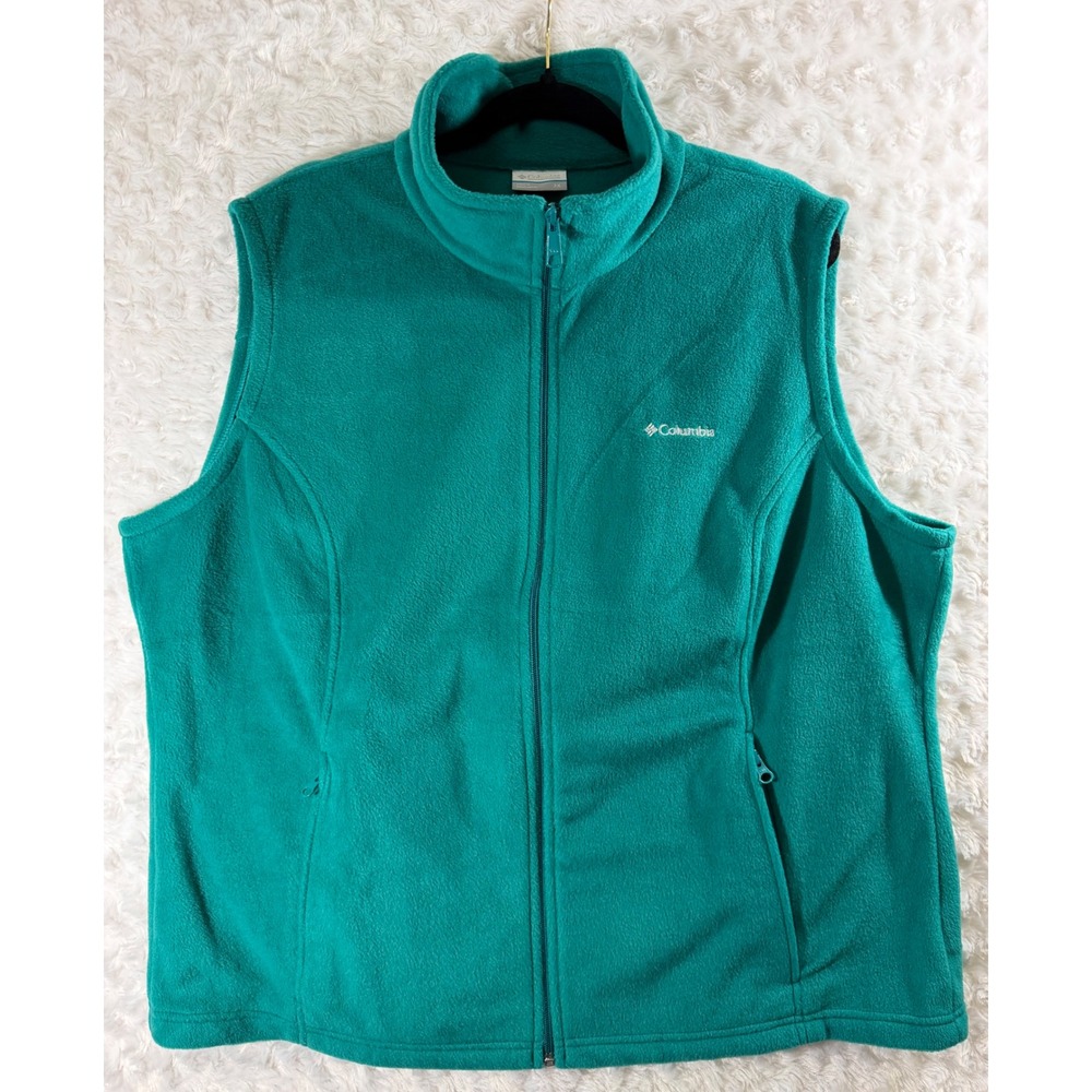 Columbia Women 2X Teal Green Fleece Full Zip Mock Neck Pockets Outdoor Vest